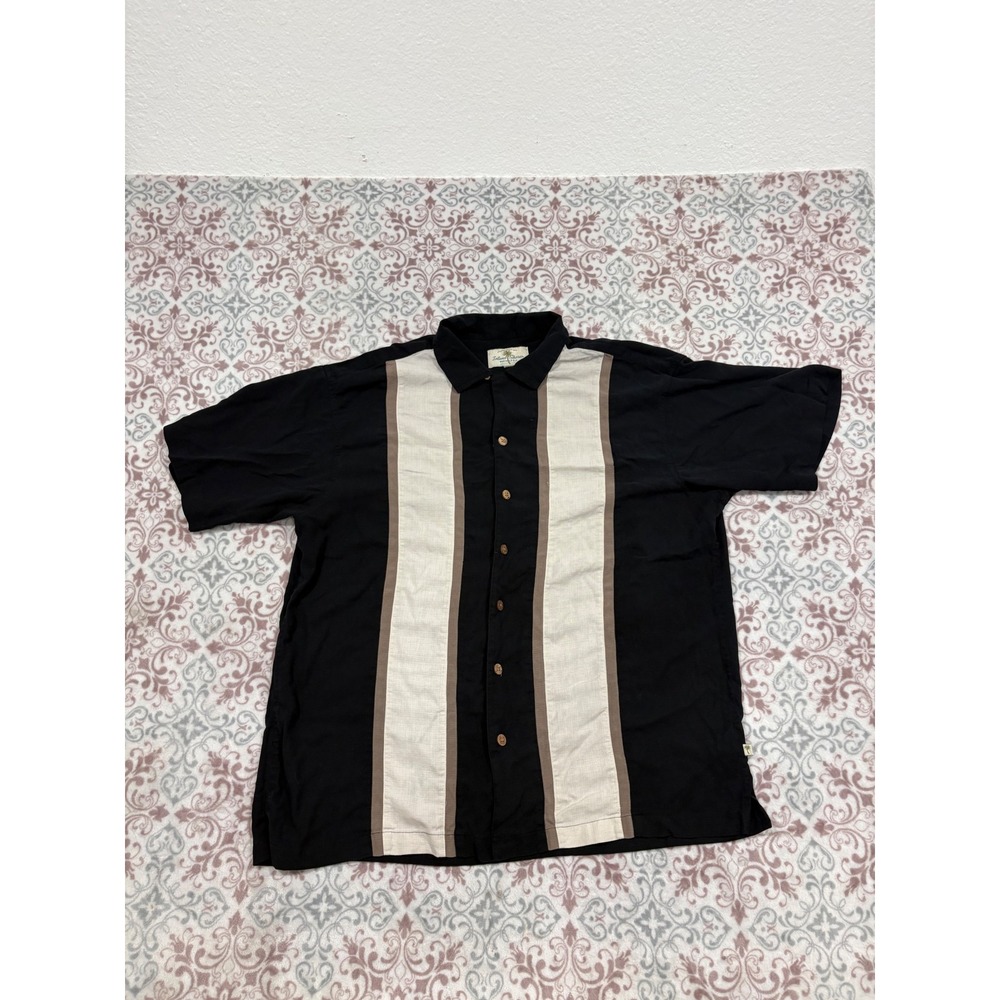 Island Shores Mens Washable Silk Button Down Shirt Black Tan Striped Large